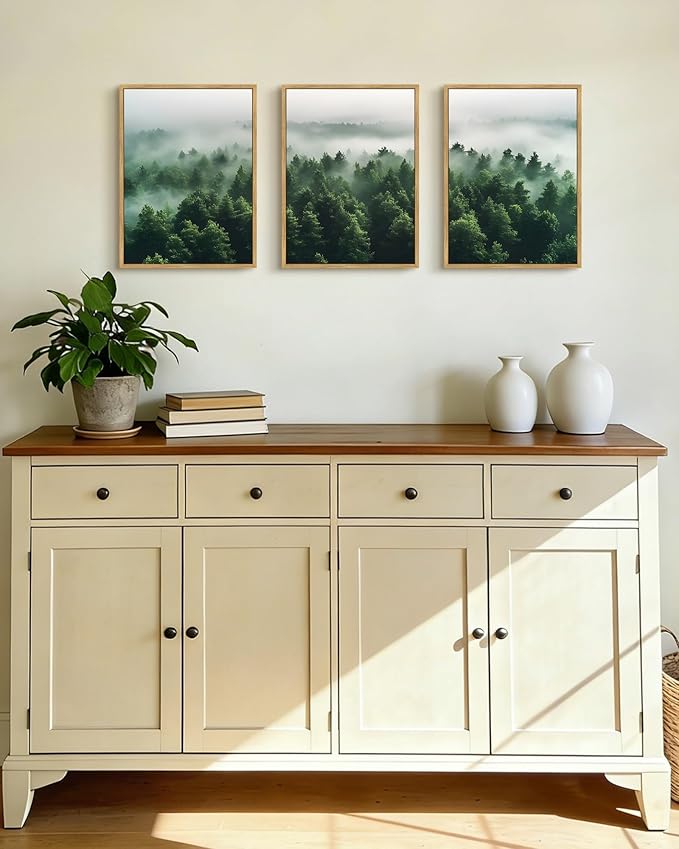 PHOPAGO Green Fog Pine Tree Framed Wall Art Nature Misty Nordic Forests Artwork Morden Paints Bedroom Living Room Home Decor - 11x14in Natural Framed