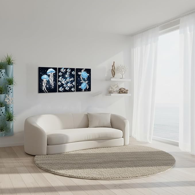 sechars Ocean Sea Life Wall Art Jellyfish Tropical Fish and Sea Turtles Pictures Modern Bathroom Nautical Decor (Blue)