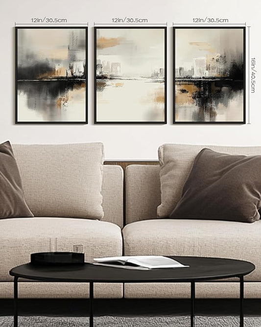 Drsoum Vintage Black Gray Abstract Wall Art Framed Brown Tan Neutral Prints Minimalist Modern Rustic Artwork Bedroom Living Room Ready to Hang 12x16in Black Framed
