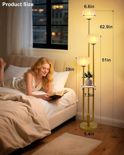 Gold Floor Lamp with Table, Modern Dimmable Floor Lamps with Pumpkin Lampshade, 3000K Soft Warm White Bulbs Included, 3-Light Tall Standing Lamp with 5Lbs Heavy Base for Living Room/Bedroom