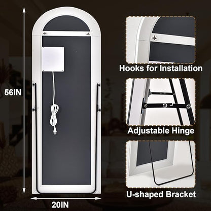 GLSLAND 20"x56" Arched LED Full Length Mirror with Lights – Wall Mounted or Standing Full Body Mirror for Bedroom/Cloakroom – Dimmable with 3 Color Lighting Modes