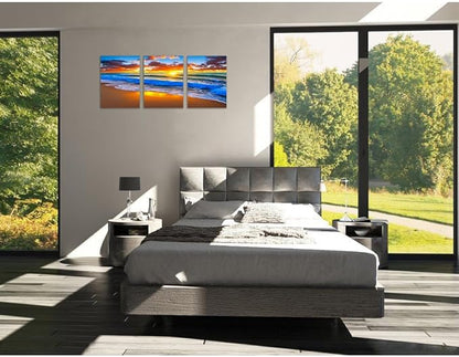 TutuBeer 3 Panels Beach Pictures Blue Sea White Beach at Sunrise Picture Print on Canvas Ocean Pictures Wall Decor Ocean Canvas Art Seascape Wall Art Stretched and Framed 12" x16" x 3