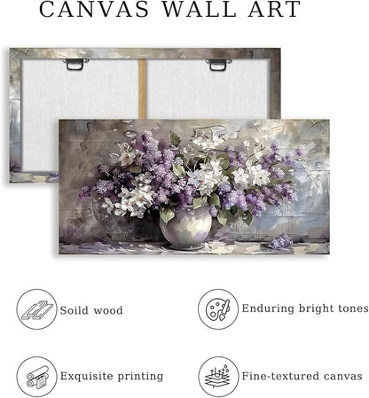 SERIMINO Large Wall Art for Living Room, Still Life Flowers Canvas Prints, Purple Floral Botanical Decor Paintings, Modern Aesthetic Pictures Wall Decor, Farmhouse Kitchen Artwork 24"X48"