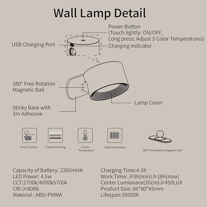 AKSDA LED Reading Lights, Wall Mounted Sconces with 3 Color Temperatures & 3 Brightness Levels, Rechargeable Battery Operated Touch Control 360° Magnetic Ball for Study Bedside Bedroom