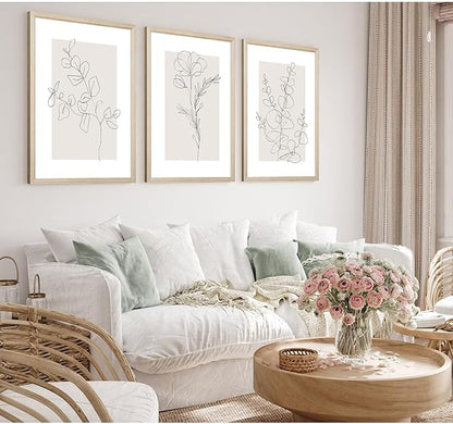 Neutral Botanical Prints Wall Art Flower Minimalist Canvas Wall Decor Vintage Line Wall Art Floral Plant Painting Pictures Beige Boho Artwork Farmhouse Poster for Bedroom 24x36x3 Inch Wood Framed