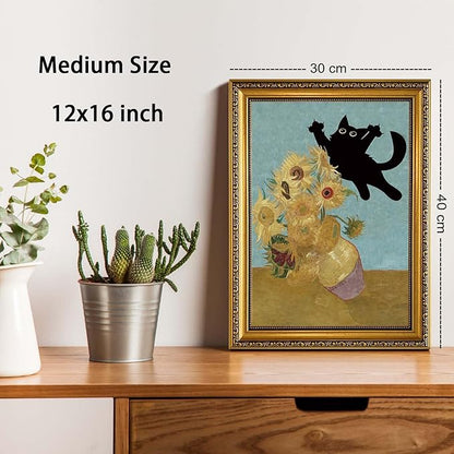 YD&YZY Gold Framed Funny Cat Wall Art Canvas Vintage Black Cat Wall Decor Van Gogh Sunflower Cute Animal Room Aesthetic Print Painting Picture Poster For Home Bedroom Dorm 12x16 inch Framed