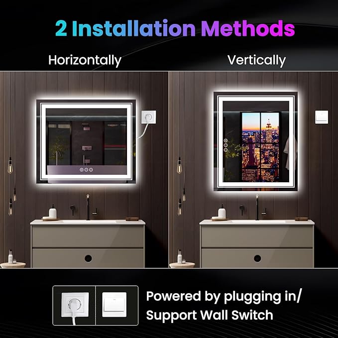 Snowdool LED Mirror for Bathroom, 55"X36" with 8 RGB Backlit +3 Front Lit (Adjustable Individually), Anti-Fog, Large Lighted Bathroom Vanity Mirror for Wall,Shatterproof,Memory Function,Tempered Glass