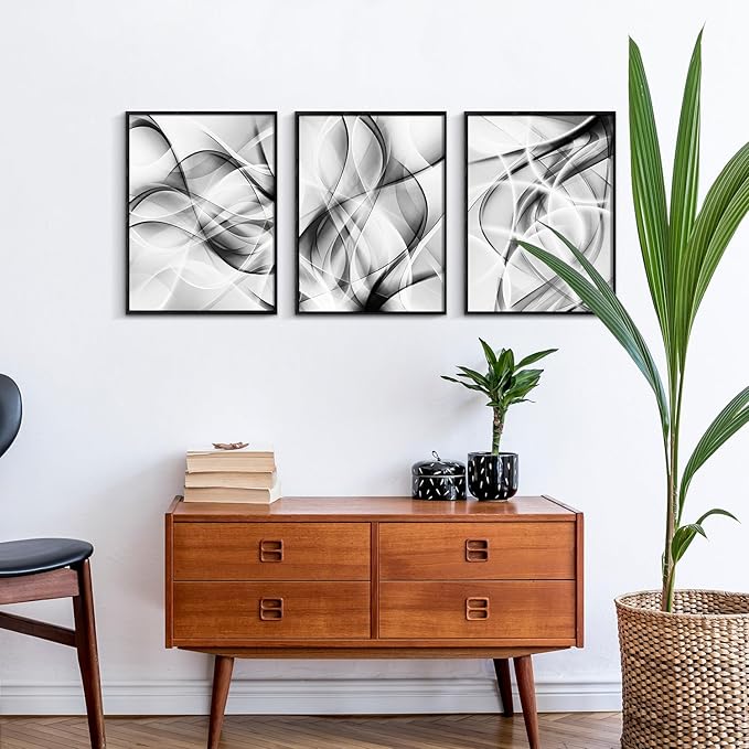 Creoate Abstract Black and White Framed Canvas Wall Art 3 Panels, Modern Home Decor for Living Room, Bedroom 12x16 Inch