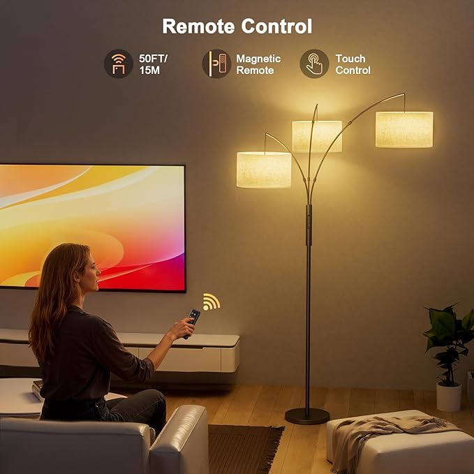 SIBRILLE 36W RGB Arc Floor Lamp with 3 Fabric Shades, 3000LM Super Bright Standing Lamp with Remote Control & Touch, Stepless Dimming, Individual Light Control for Living Room, Bedroom