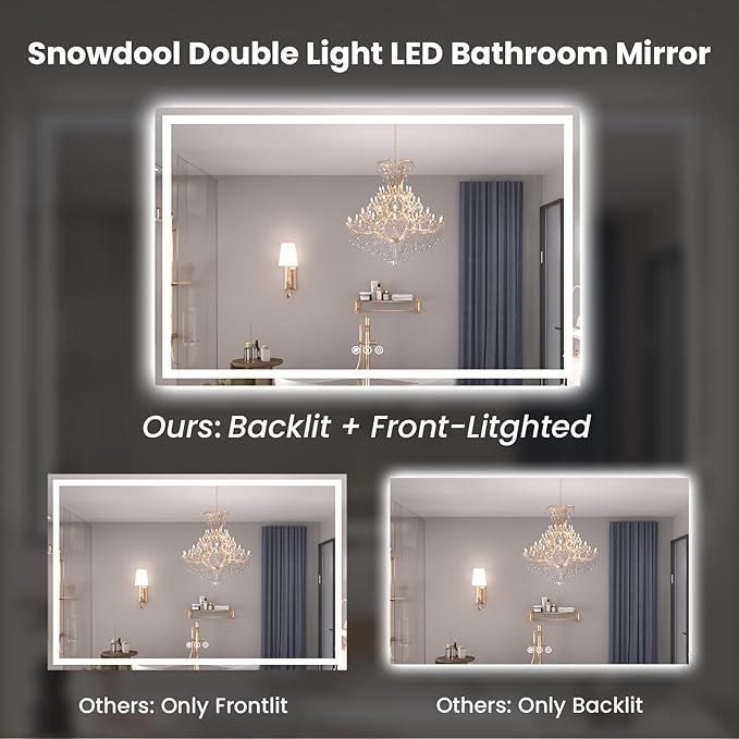 Snowdool 48"X40" LED Bathroom Mirror with Front Lights and Backlit, Anti-Fog, Dimmable, Shatter-Proof Tempered Glass, Lighted Bathroom Vanity Mirror for Wall with 3 Colors, Memory Function