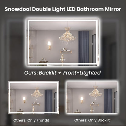 Snowdool 55"X30" LED Bathroom Mirror with Front Lights and Backlit, Anti-Fog, Dimmable, Shatter-Proof Tempered Glass, Lighted Bathroom Vanity Mirror for Wall with 3 Colors, Memory Function
