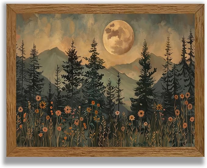 JLTULT Framed Vintage Moon Forest Canvas Wall Art, Moonlight Pine Tree Flower Wall Decor, Woodland Wildflower Picture Prints Artwork for Bedroom Living Room Office Decoration 8x10 inch Easy to Hang