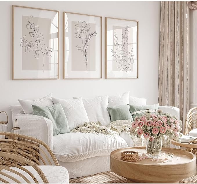 Neutral Botanical Prints Wall Art Flower Minimalist Canvas Wall Decor Vintage Line Wall Art Floral Plant Painting Pictures Beige Boho Artwork Farmhouse Poster for Bedroom 16x24 Inch Unframed Set of 3