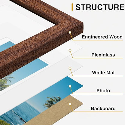 Vittanly 12x12 Picture Frames Set of 9, Display 8x8 Pictures with Mat or 12x12 without Mat, Photo Frames for Wall Mount, Engineered Wood, Wood Grain Brown
