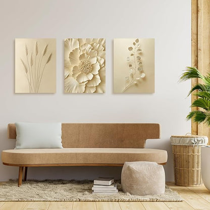 GELDSTEI Neutral Beige Floral Canvas Wall Art, Modern Minimalist Botanical Wall Decor, Vintage Beige Elegant Flower Poster Prints for Living Room Bedroom Framed Set of 3, Each 16x24 Inch