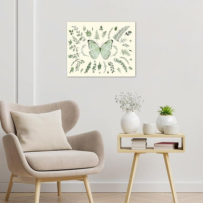 LB Sage Green Butterfly Wall Art Watercolor Leaf Eucalyptus Leaves with Butterfly Canvas Wall Art Green Plant Wall Decor for Living Room Bedroom Bathroom Framed Ready to Hang 8L x 10W Inch