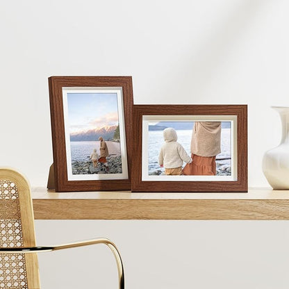 Vittanly 5x7 Picture Frames Set of 9, Display 4x6 Pictures with Mat or 5x7 without Mat, Photo Frames for Wall or Tabletop with Plexiglass, Engineered Wood, Wood Grain Brown