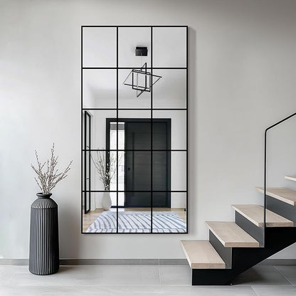 Large Window Pane Full Length Mirror for Wall, 28"x55" Black Rectangular Wall Mirror for Living Room, Bedroom, Entryway, Hanging or Leaning