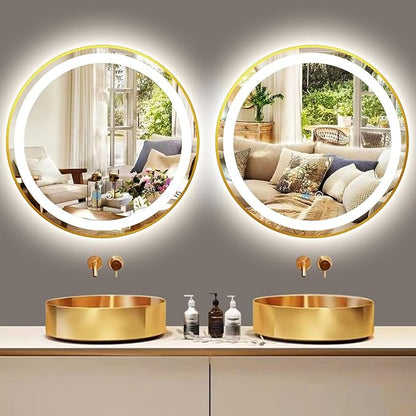 Gold Round Vanity Mirror with Lights 3 Color Dimmable Frontlight 16 Inch Gold Frame Round Lighted Mirror for Bathroom Makeup Wall LED Circle Round Smart Light up Mirror with Lights Anti-Fog