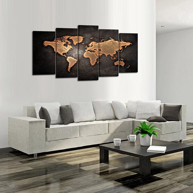 KREATIVE ARTS - Retro World Map Poster Framed 5 Pcs Giclee Canvas Prints Vintage Abstract World Map Painting Printed on Canvas Ready to Hang for Living Room Office Decor Gift (Large Size 60x32inch)