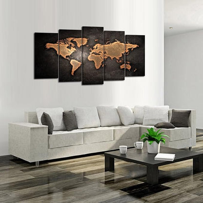 KREATIVE ARTS - Retro World Map Poster Framed 5 Pcs Giclee Canvas Prints Vintage Abstract World Map Painting Printed on Canvas Ready to Hang for Living Room Office Decor Gift (Large Size 60x32inch)