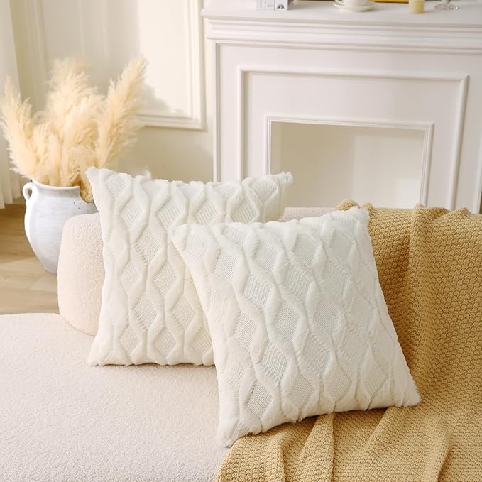 16" x 16" Decorative Throw Pillow with Inserts, Set of 2 Soft Faux Fur Throw Pillows, Square Boho Pillow for Couch, Bed, Sofa Decor, Beige