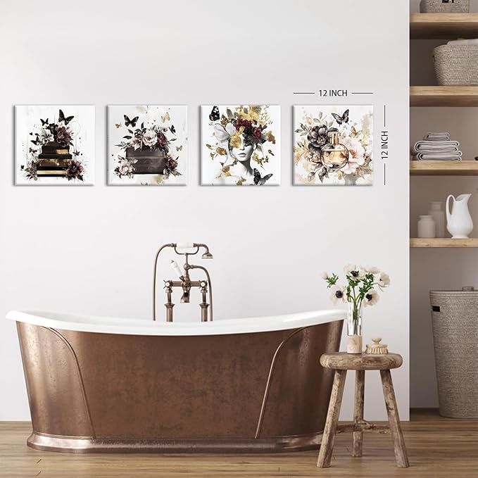 Butterfly Wall Art Black White and Gold Wall Decor Women Bedroom Decor Glam Fashion Pictures Watercolor Flowers Posters Handbag Perfume Paintings Modern Artwork Home Decorations 12x12” 4Pcs