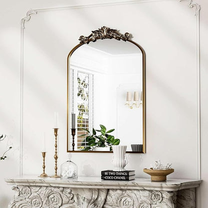 Traditional Vintage Gold Mirror, Antique Arched Mirror, Bronze Decor Wall Mirrors, Large Baroque Mirror with Aluminum Frame, Ornate Mirrors for Bathroom, Living Room, Fireplace (30"x22")