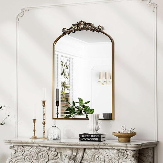 Traditional Vintage Gold Mirror, Antique Arched Mirror, Bronze Decor Wall Mirrors, Large Baroque Mirror with Aluminum Frame, Ornate Mirrors for Bathroom, Living Room, Fireplace (30"x22")