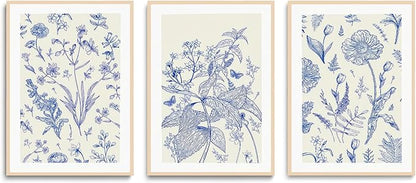 LYPHNX Blue White Chinoiserie Floral Poster Wall Art Navy Watercolor Flower Canva Painting Set of 3 Minimalist Botanical Wildflower Prints Picture Home Decor for Bedroom Living room 12"x16" UnFramed
