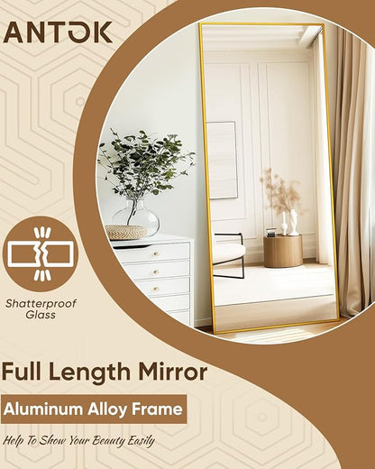 Antok 71''x28'' Full Length Mirror, Shatterproof HD Oversized Floor Mirror with Stand, Aluminum Alloy Frame Leaning Standing or Wall Mounted Mirror for Bedroom Living Room Entryway, Gold