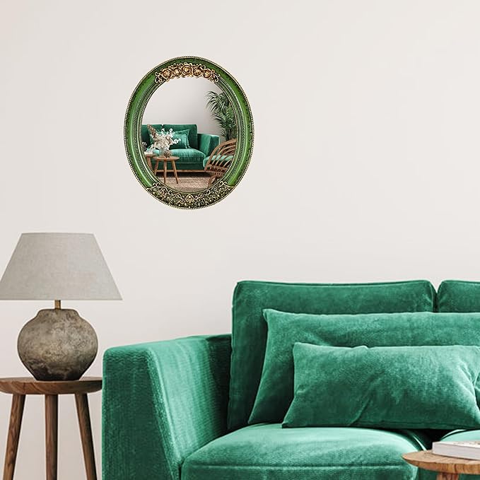 Oval Resin Vintage Mirror, Wall Mounted Decorative Mirror for Entryway, Hallway, Bedroom Oval Mirror 11.8x10 inch (Green)