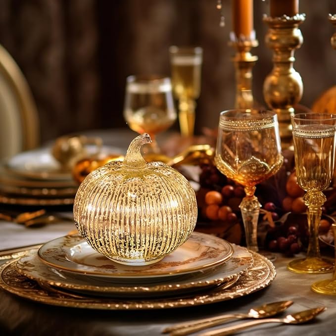 Mercury Glass Light Up Pumpkin with Timer, Fall Decoration for Home, Silver Halloween Festive Decor Lamp