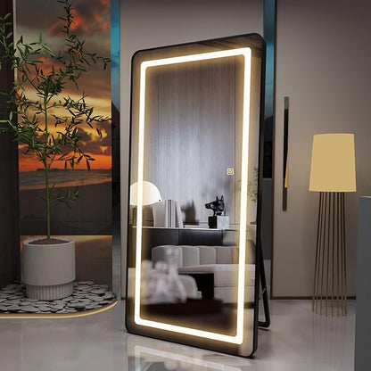 FENNIO Full Length Mirror with Lights, 70" x 32" LED Full Body Mirror, Free Standing Lighted Floor Mirror, Wall Mounted Hanging Mirror with Lights for Bedroom, Salon, Brushed Aluminum Frame, Black