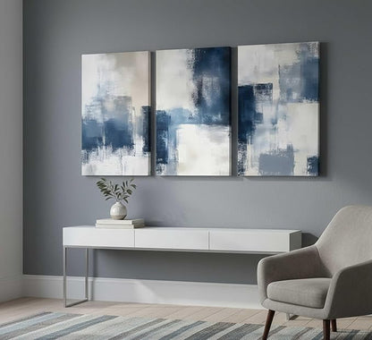 3 Pcs Navy Blue Abstract Canvas Wall Art Modern Minimalist Neutral Blue and Grey Paintings Pictures Wall Decor Poster Print Artwork for Living Room Bedroom Office Home Decoration