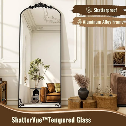 XRAMFY Arched Full Length Mirror, 71'' x 28'' Vintage Full Body Mirror with Carved for Home Decor, Standing Floor Mirror for Wall for Living Room, Bedroom, Cloakroom, Black, Retro Style
