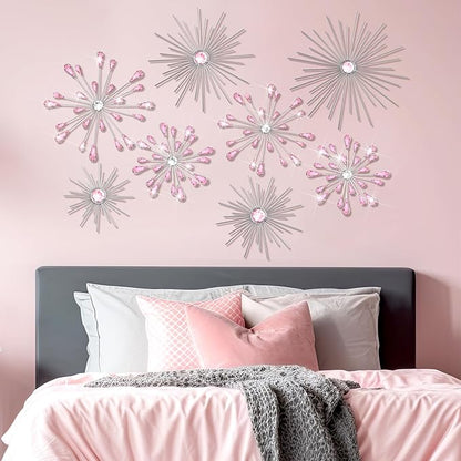 Blulu 8 Pcs Pink Metal Wall Art Cast Iron Starburst Wall Decor Bling Crystal Sculptures Living Room 3D Teardrop Radial Rhinestone Hanging Diamond Accents for Home Office Bedroom Entryway