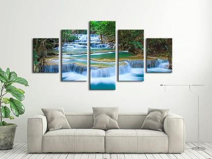 Wieco Art Peaceful Waterfall 5 Panels Large Canvas Paintings Wall Art Modern Gallery Wrapped Landscape Forest Giclee Canvas Print Artwork Photo Pictures for Living Room Bedroom Home Decorations L