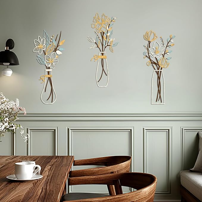 Zzbakress 3 Pcs Metal Flowers Wall Arts Rustic Farmhouse Decor Bathroom Wall Decor Metal Wall Decor for Living-room Dining-Room Kitchen Minimalist Decor Housewarming Gifts (Beige Gold)