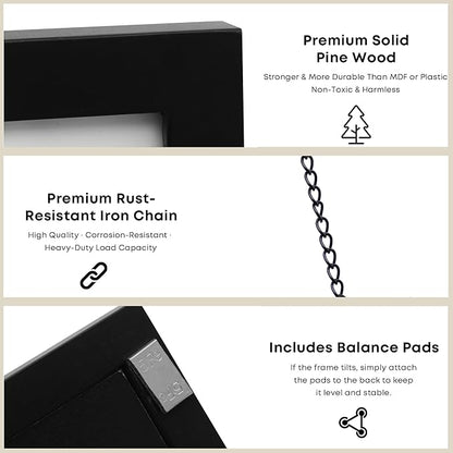Solid Wood Gallery Wall Frame Set of 3, Black Hanging Picture Frames with Adjustable Chain Display, Fits 5x7 & 8x10 Photos, Acrylic Front, Modern Wall Decor