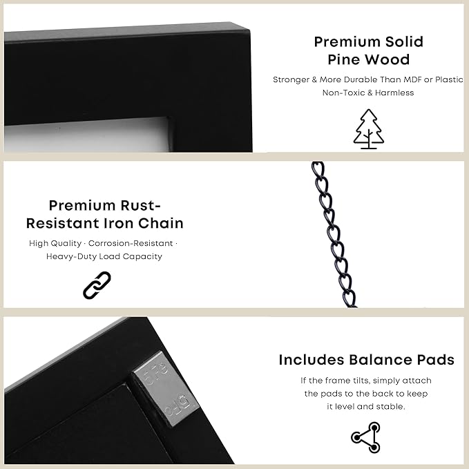 Solid Wood Collage Picture Frame Set of 5, Black Gallery Wall Hanging Frames with Adjustable Metal Chains, Displays Two 5x7 and Three 7x7 Photos,Ideal for Living Room, Hallway and Home Decor