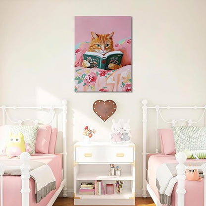 Framed Vintage Cats Canvas Wall Art, Funny Animal Reading Books Poster Printing Pictures, Pink Cute Cat Lovers Wall Decor for Girls Room Bedroom Kids Room Living Room Bathroom 12x16 in