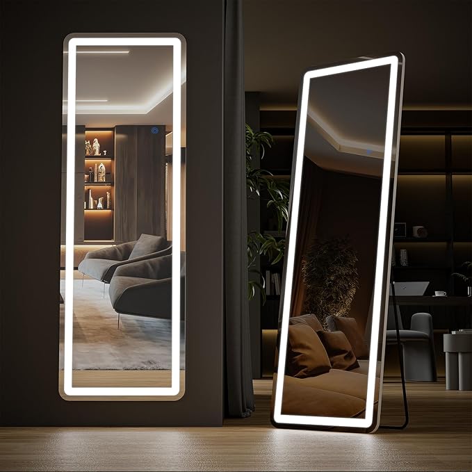 DUMOS 21"×64" LED Full Length Mirror with Lights, Lighted Floor Full Body Mirror with 3 Color Lighting, Wall Mounted Stand Mirror for Bedroom, Dressing Room, Living Room, Bathroom