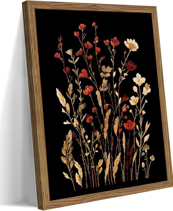 Framed Vintage Floral Wall Art, Dark Wildflower Botanical Canvas Wall Decor Paintings, Rustic Moody Flower Artwork Poster Print Picture for Bathroom Bedroom Living Room 16x24 Inch