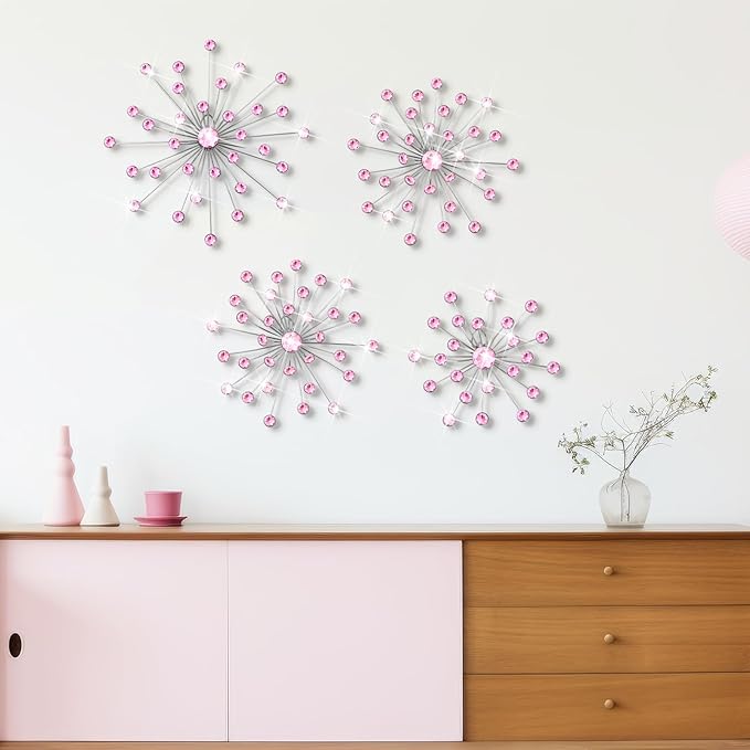 Funnymoom 4 Pcs Pink Starburst Wall Decor Metal Bling Wall Art Pink Crystal Sparkling Rhinestones Bling Decorative Hanging Diamond for Living Room Bedroom Home Office