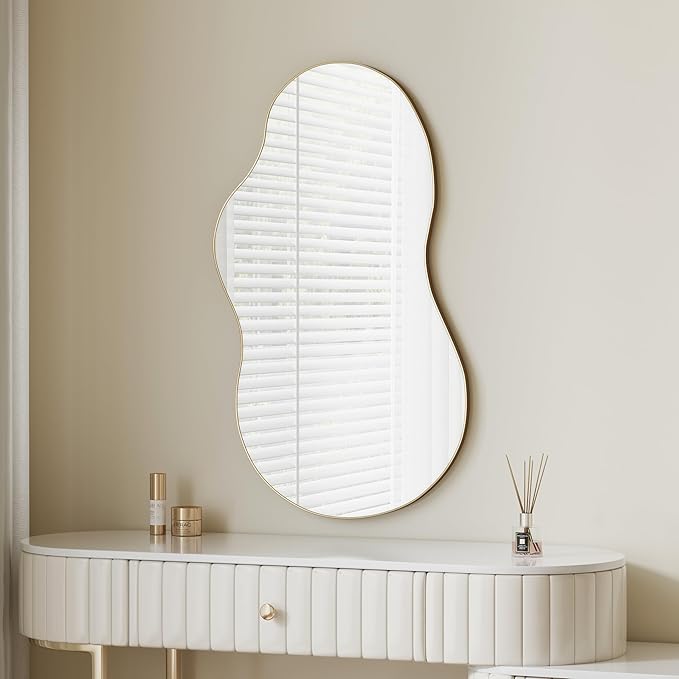 Itrue 20x36 Inch Gold Framed Irregular Tempered Glass Wall Mirror, Asymmetrical Vanity Mirror for Bathroom, Bedroom, Entryway
