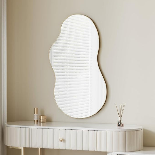 Itrue 26×46 Inch Gold Framed Irregular Tempered Glass Wall Mirror, Asymmetrical Vanity Mirror for Bathroom, Bedroom, Entryway
