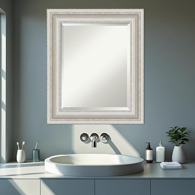 Amanti Art Silver Bathroom Mirror for Over Sink, 26x22 Parlor Silver Rectangle Vanity Mirror, Small Traditional Frame, Hangs Horizonally and Vertically, Bathroom Wall Decor, Beveled Edge