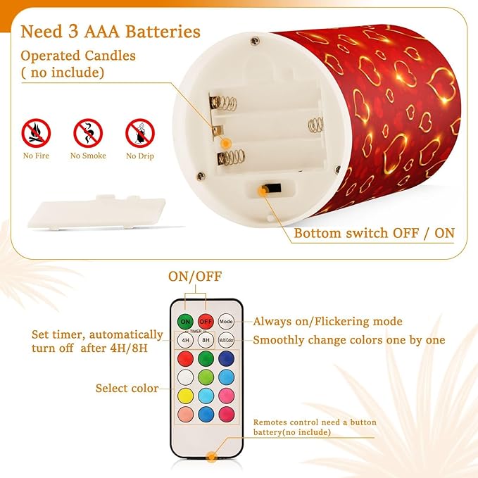 Valentines Lights Flameless Candles Valentines Glden Red Hearts Pillar Candles Set of 2 Battery Operated Remote Control Warm Lights Home Decor