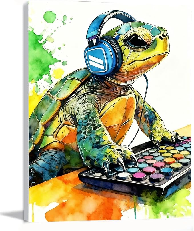 Graffiti DJ Sea Turtle Canvas Wall Art Modern Funny Print 12x16 inch Green Tortoise with Headphones Teen Boy Gaming Room Cool Framed Turtle Art Decor Kids Animal Bedroom Office Home Poster